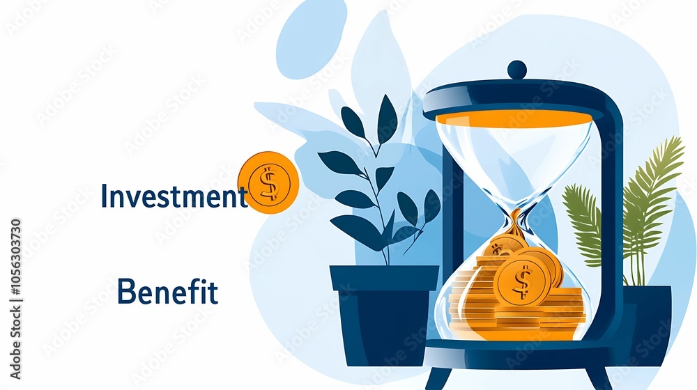 Illustration of an hourglass filled with coins, representing investment benefits over time, with plants and Illustration of an hourglass filled with coins, representing investment benefits over time, with plants and