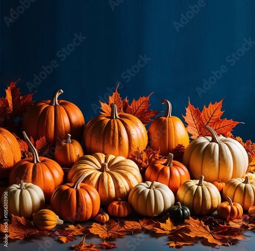 A colorful assortment of pumpkins in various sizes and shapes is surrounded by vibrant autumn leaves on a blue backdrop. The warm colors evoke the essence of fall, hinting at seasonal festivities photo