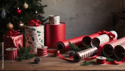 Brightly colored gift wraps, ribbons, and pinecones create a cheerful display on a wooden table. A decorated Christmas tree looms in the background, enhancing the festive atmosphere photo