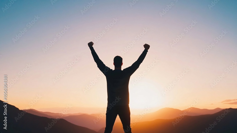 Silhouette of man celebrating success at sunset in mountains Silhouette of man celebrating success at sunset in mountains