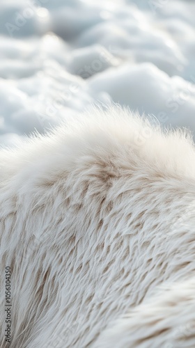 Close up of white fluffy fur with snow background