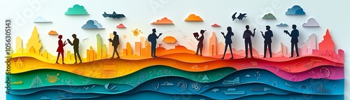 Vibrant Papercut Scene of Employees Engaging in Dynamic Discussions
