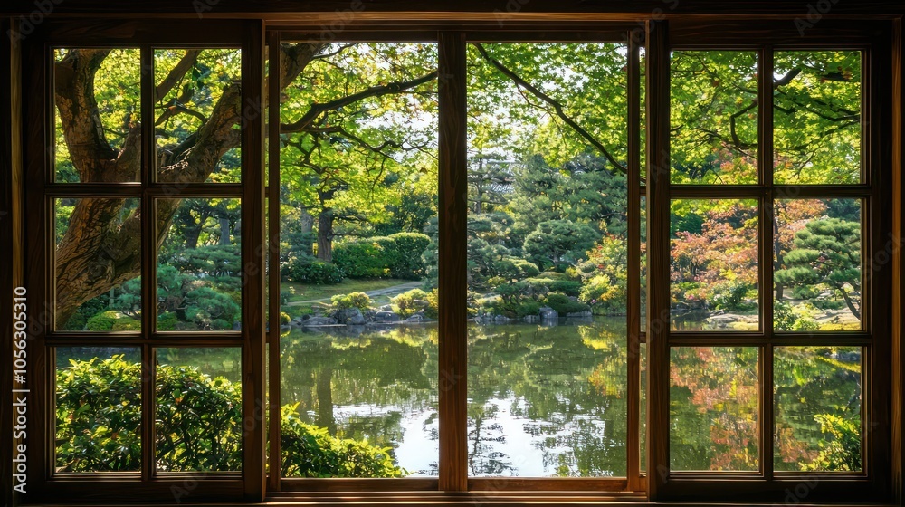 View from a traditional window overlooking a serene Japanese garden, perfect for themes of tranquility and nature View from a traditional window overlooking a serene Japanese garden, perfect for themes of tranquility and nature