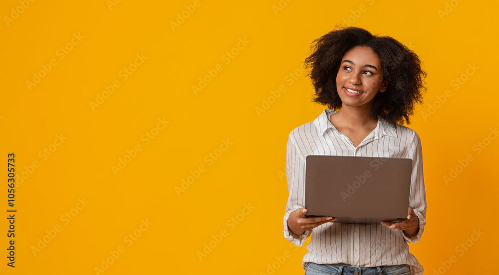 Work Opportunities Online. Pensive Afro Woman With Laptop Computer In Hands Looking Away On Yellow Background, Panorama With Free Space Work Opportunities Online. Pensive Afro Woman With Laptop Computer In Hands Looking Away On Yellow Background, Panorama With Free Space