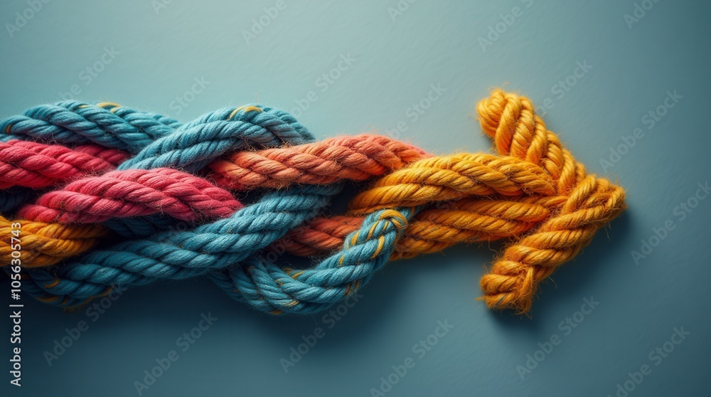Fototapeta premium Colorful Ropes Forming Direction Arrow Teamwork and Unity Concept