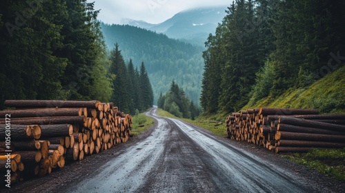A road with a mountain in the background. There are many logs on the side of the road