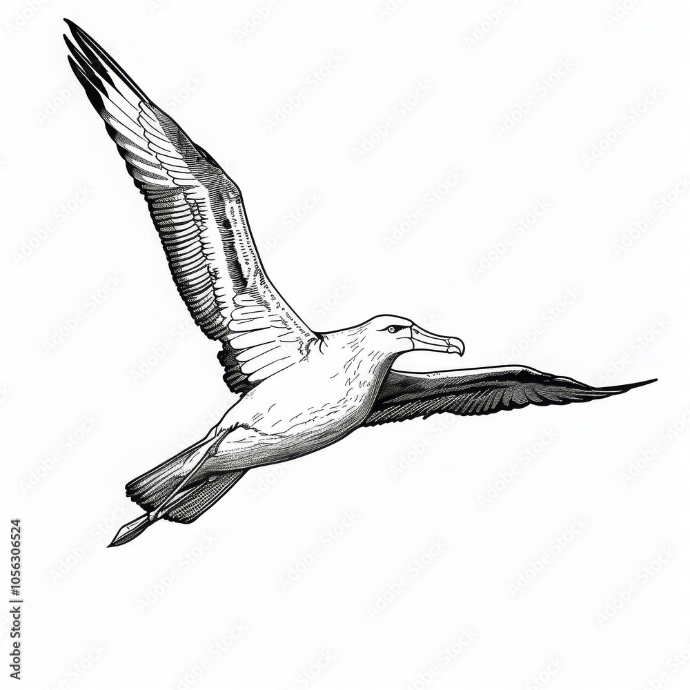 Fototapeta premium A detailed black and white illustration of an albatross in flight.