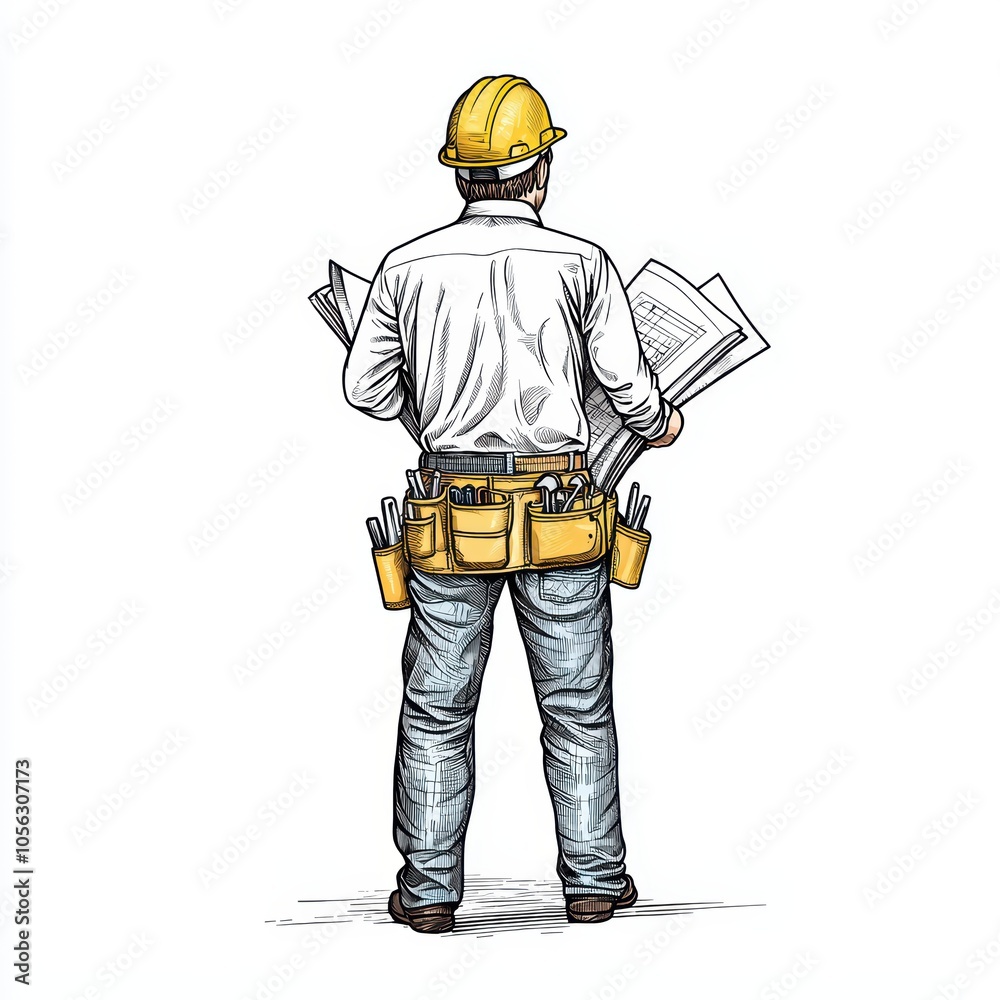 Fototapeta premium A construction worker reviewing plans, wearing a safety helmet and tool belt, white isolated background.