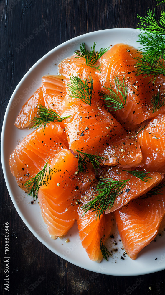 Savor the rich flavors of smoked salmon slices seasoned with dill and spices, a nutritious option packed with omega-3 and protein Savor the rich flavors of smoked salmon slices seasoned with dill and spices, a nutritious option packed with omega-3 and protein