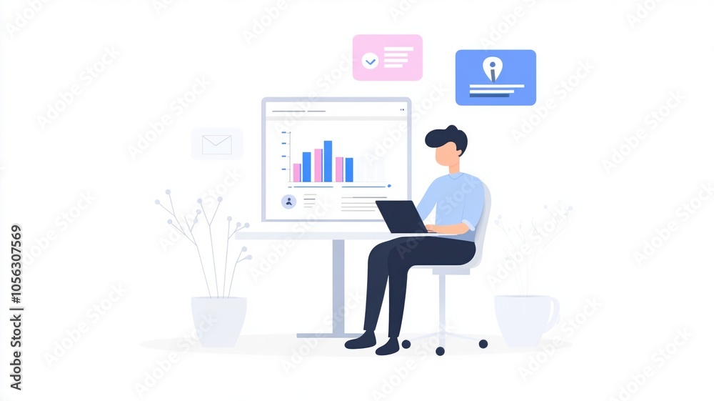 person working on laptop at desk with data charts and icons person working on laptop at desk with data charts and icons