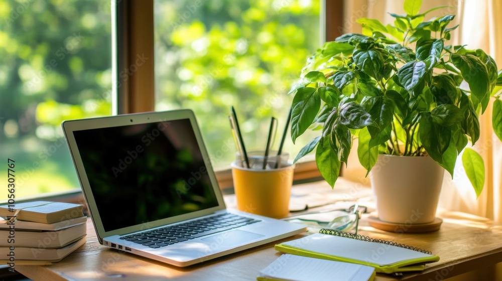 Organized workspace with laptop, notebook, and green plant Organized workspace with laptop, notebook, and green plant