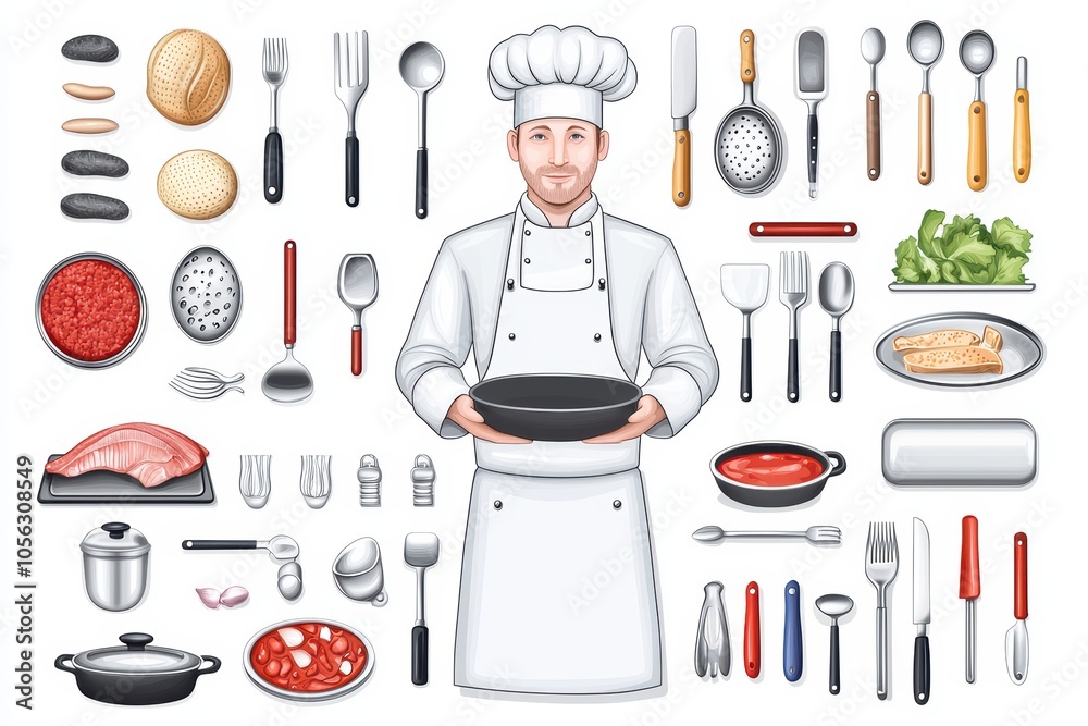 Chef holding a black dish with various cooking utensils and ingredients on a white isolated background. Chef holding a black dish with various cooking utensils and ingredients on a white isolated background.