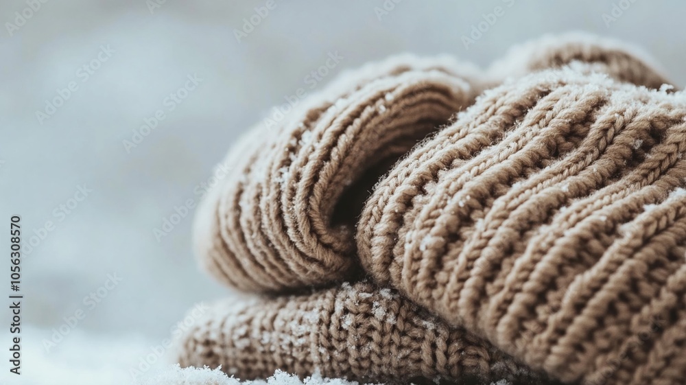 Cozy knitted woolen gloves resting on snowflakes, perfect for winter Cozy knitted woolen gloves resting on snowflakes, perfect for winter