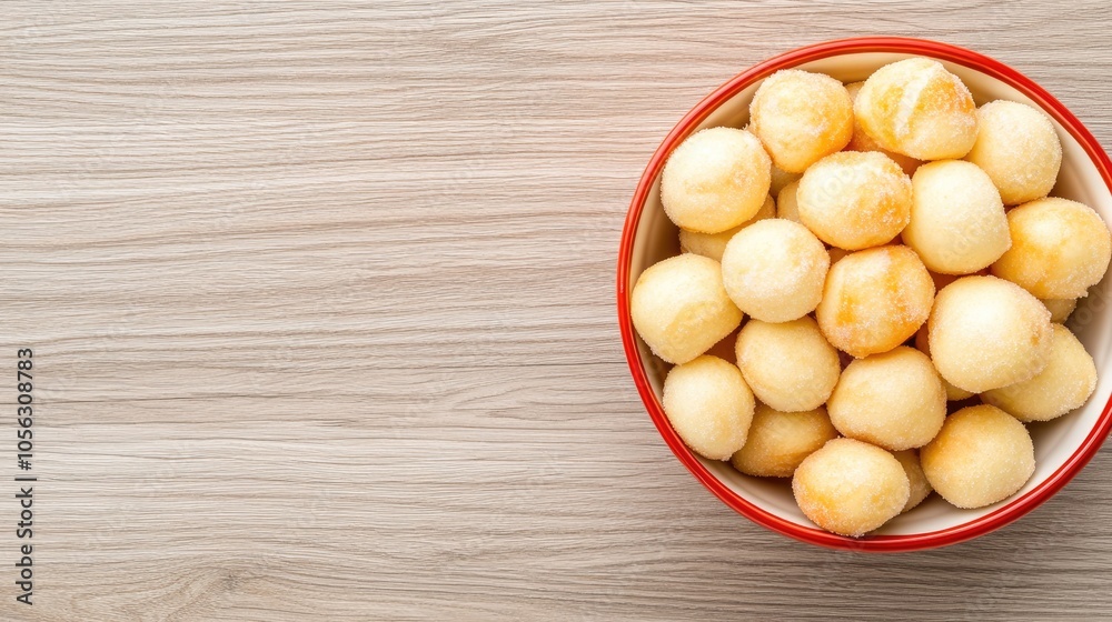 A scrumptious display of mini doughnuts dusted with sugar, invitingly arranged in a red enamel bowl on a wooden table A scrumptious display of mini doughnuts dusted with sugar, invitingly arranged in a red enamel bowl on a wooden table