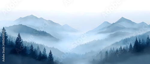 A serene mountain landscape enveloped in soft blue mist, showcasing layered peaks and dense evergreen forests that evoke a sense of tranquility.