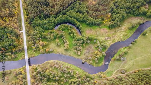 Canvas-taulu Steep bends and loops of the Merkys river, from above, Merkinė area, Lithuania