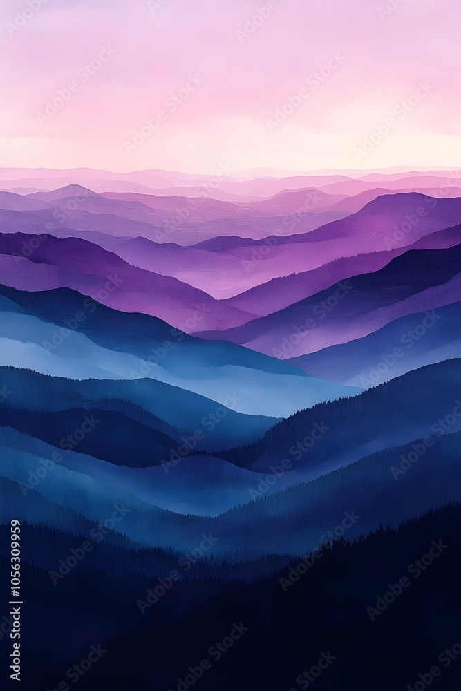 A stunning landscape showcasing a range of layered mountains fading into a dreamy purple and blue gradient, evoking a serene and tranquil atmosphere. A stunning landscape showcasing a range of layered mountains fading into a dreamy purple and blue gradient, evoking a serene and tranquil atmosphere.