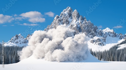 Dramatic snow explosion in winter mountain scenery against a clear blue sky. photo