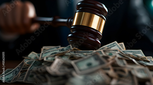 A judge is holding a gavel over a pile of money photo