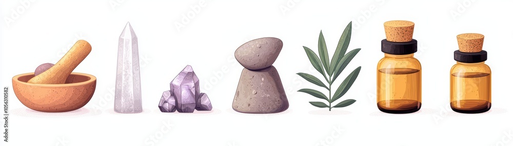 Herbal and crystal wellness tools on white background for holistic health and relaxation. Herbal and crystal wellness tools on white background for holistic health and relaxation.