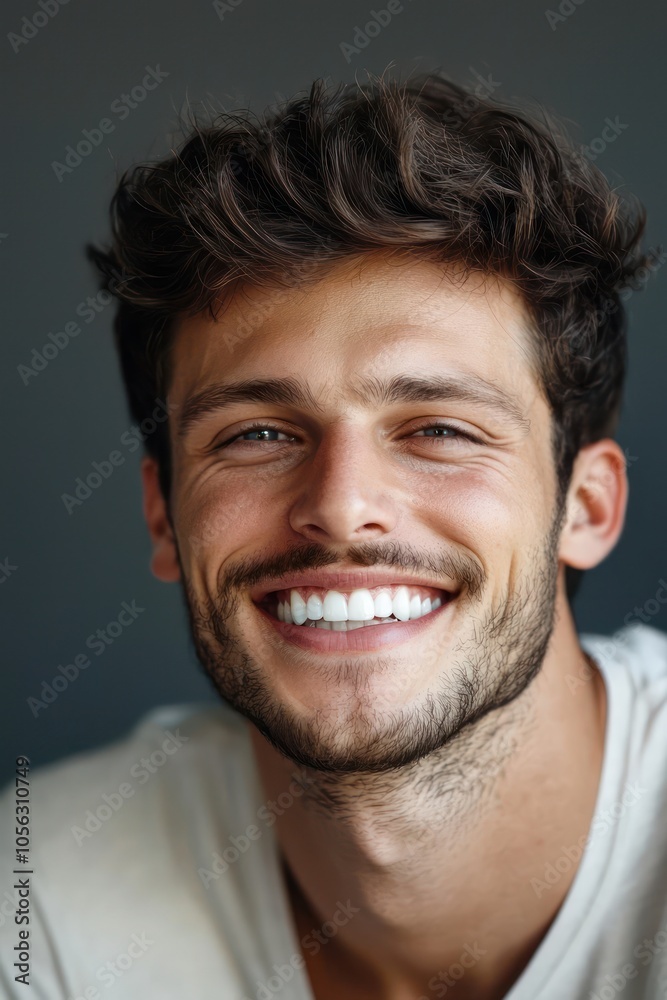 Young man with a beautiful smile on a grey background, ideal for dental ads. Young man with a beautiful smile on a grey background, ideal for dental ads.