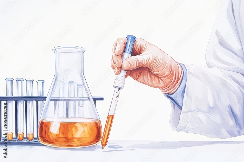 Laboratory scientist conducting experiment with pipette and flask in modern lab setting. Laboratory scientist conducting experiment with pipette and flask in modern lab setting.