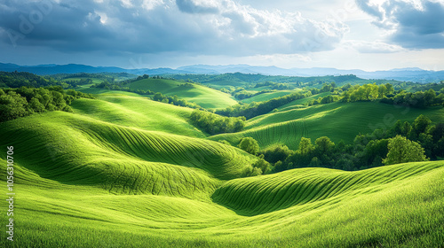 Landscape with green hills and cloudy sky.