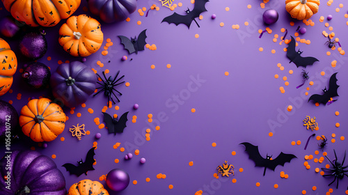 Halloween decorations on a violet background, including pumpkins, bats, spiders, skeletons, and confetti, with space for text