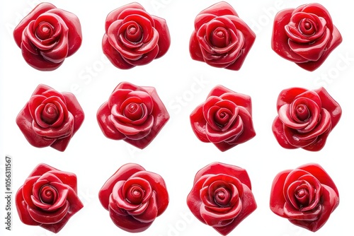 Red wax roses arranged in a grid on a white background, vibrant and decorative for various uses.