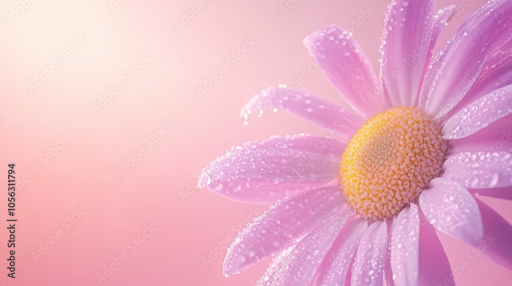 Delicate Pink Daisy with Water Droplets on Soft Background Delicate Pink Daisy with Water Droplets on Soft Background