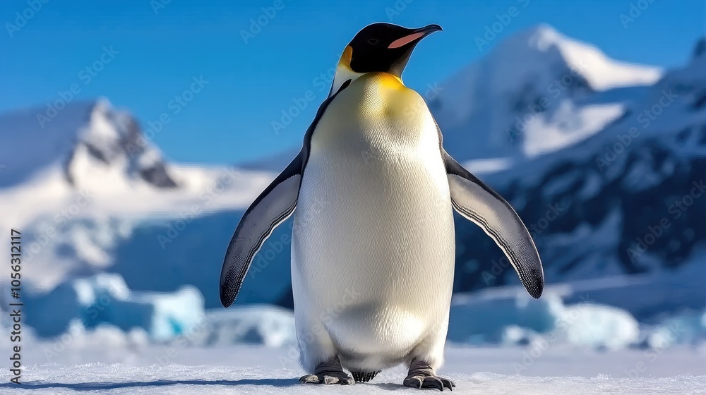 Fototapeta premium A king penguin showcases its vibrant colors while surrounded by stunning icebergs and a dramatic coastal landscape