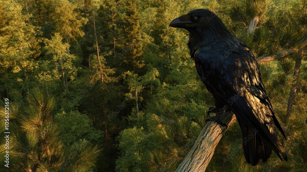 Fototapeta premium Raven Perched on Tree Branch in Lush Forest Setting