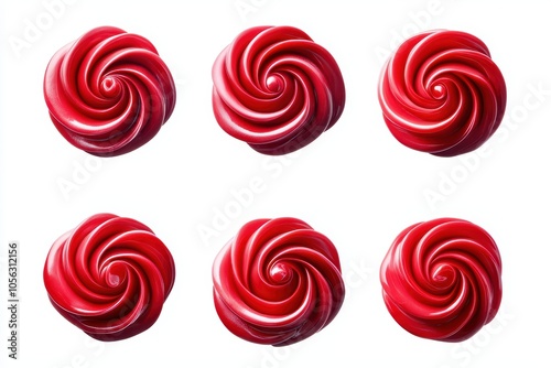 Six vibrant red swirl candies, perfect for sweet treats on a white isolated background.