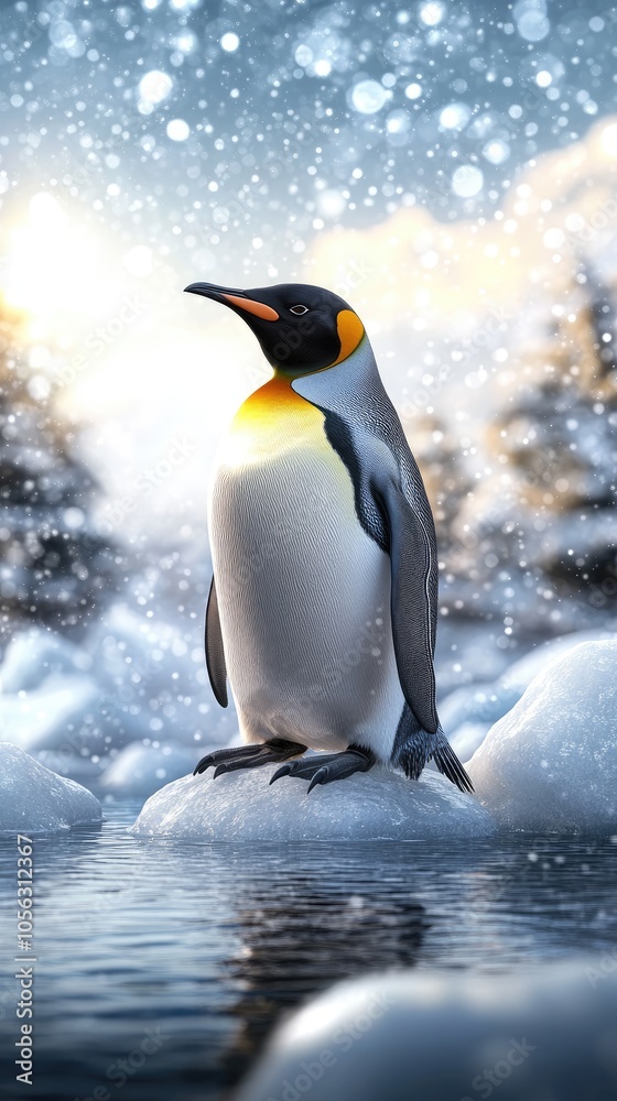 Fototapeta premium A king penguin showcases its vibrant colors while surrounded by stunning icebergs and a dramatic coastal landscape