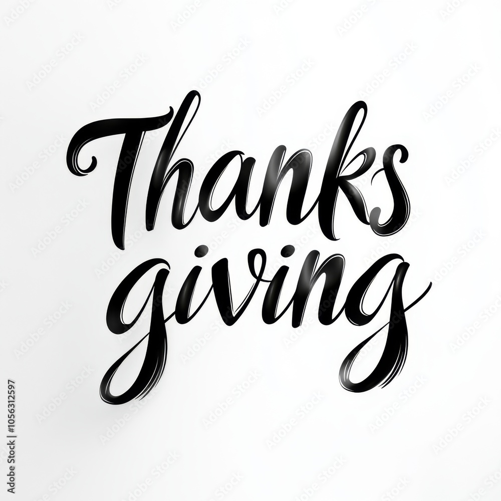 A stylish and elegant typography design featuring the word 'Thanksgiving' in graceful black script on a clean white background, perfect for seasonal greetings. A stylish and elegant typography design featuring the word 'Thanksgiving' in graceful black script on a clean white background, perfect for seasonal greetings.