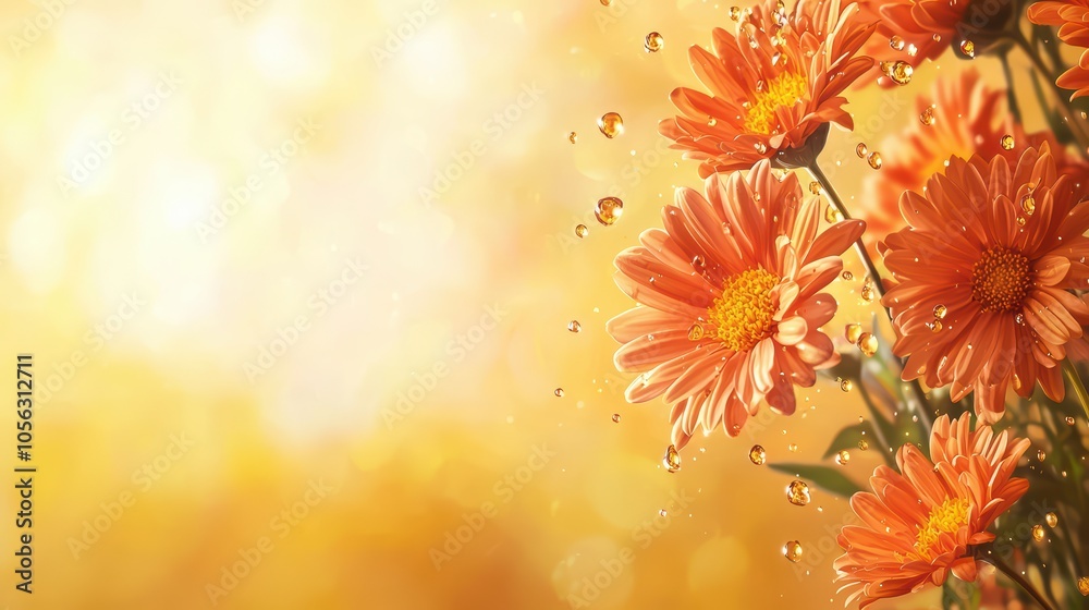 Vibrant orange flowers with water droplets on a shimmering golden background. Vibrant orange flowers with water droplets on a shimmering golden background.