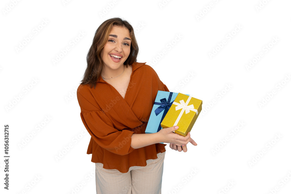Latina businesswoman presenting a holiday gift Latina businesswoman presenting a holiday gift
