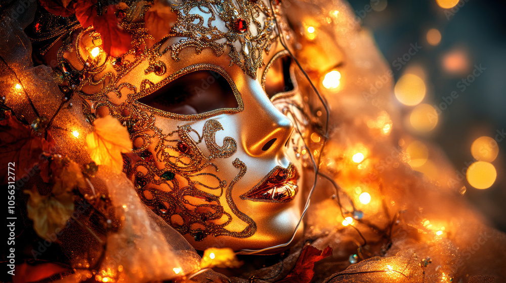Golden mask adorned with intricate designs and warm lights, enchanting Golden mask adorned with intricate designs and warm lights, enchanting