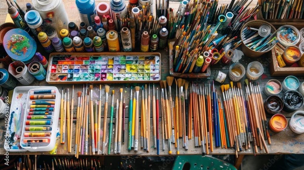 Obraz premium An overhead shot of a table filled with different types of paintbrushes markers and pencils ready to be used by eager young artists.