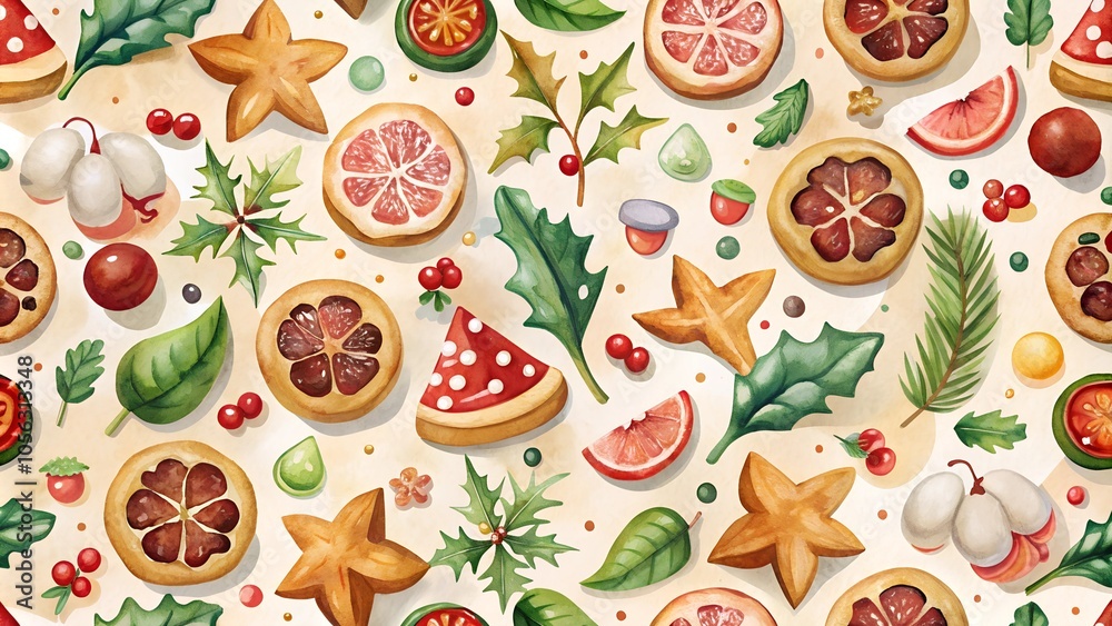 Christmas seamless pattern with holly leaves, dried orange slices and star fruits celebrating winter holidays Christmas seamless pattern with holly leaves, dried orange slices and star fruits celebrating winter holidays
