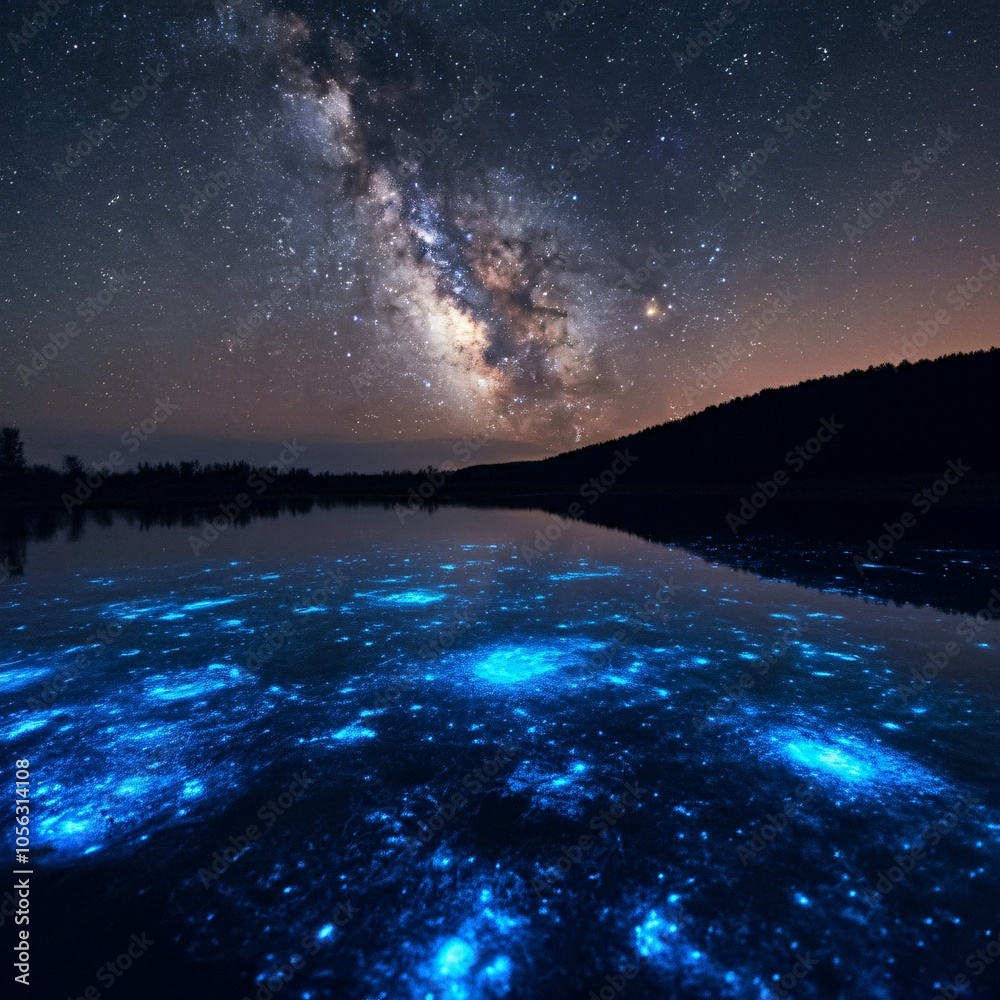 Ethereal lake with glowing blue algae under a starry sky Ethereal lake with glowing blue algae under a starry sky