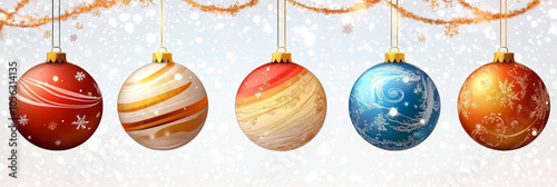 Five colorful Christmas ornaments with snowflakes, hanging on a white background.