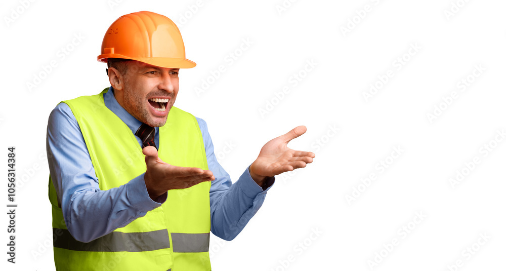 Angry Builder Man Shouting Looking Aside Having Building Problem Standing Over White Studio Background, Wearing Orange Uniform And Hardhat. Panorama With Blank Space For Text Angry Builder Man Shouting Looking Aside Having Building Problem Standing Over White Studio Background, Wearing Orange Uniform And Hardhat. Panorama With Blank Space For Text
