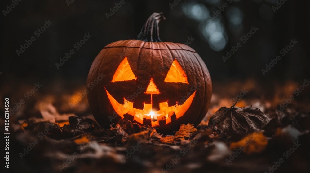 A glowing jack-o'-lantern rests among fallen autumn leaves, creating a spooky yet festive atmosphere, perfect for celebrating Halloween in the fall season. A glowing jack-o'-lantern rests among fallen autumn leaves, creating a spooky yet festive atmosphere, perfect for celebrating Halloween in the fall season.