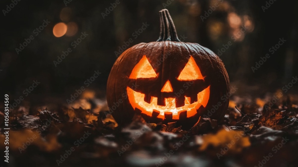 Naklejka premium A carved pumpkin with a glowing face sits amidst fallen autumn leaves, capturing a spooky and traditional Halloween atmosphere in the darkness of night.