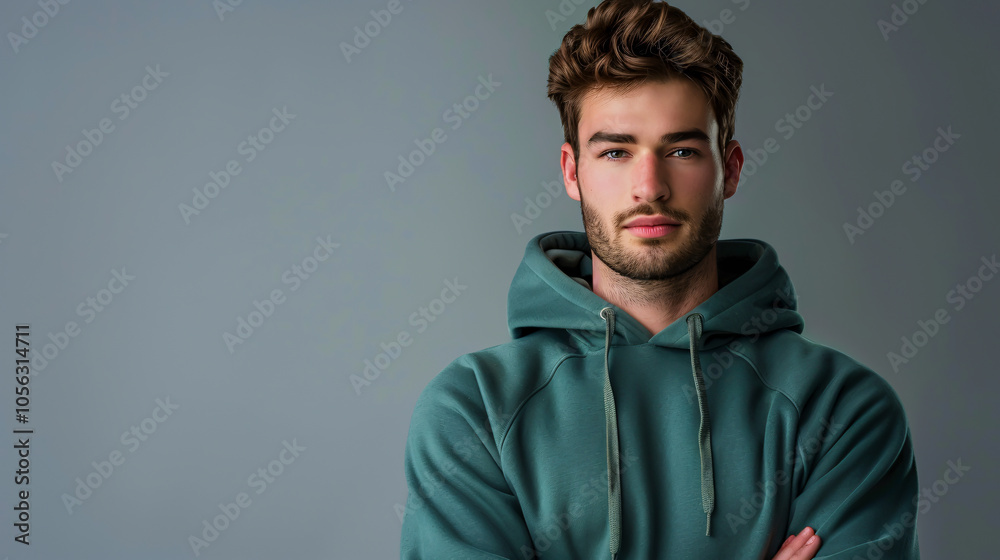 Fototapeta premium Handsome man in a green hoodie against a gray background