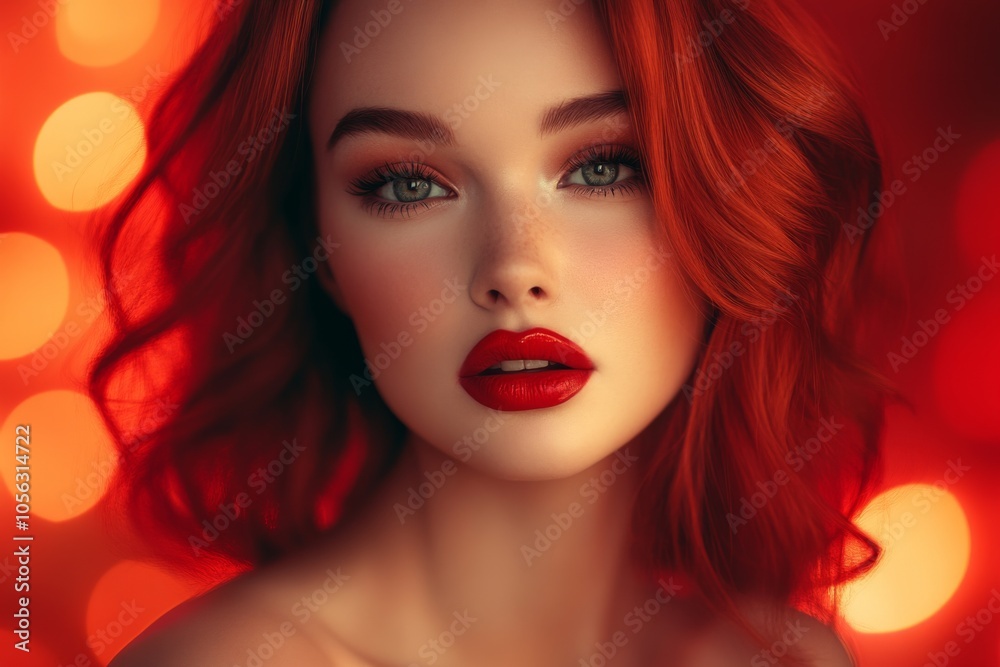 A portrait of a stunning redhead woman with bold red lipstick and soft waves, set against a background of warm, bokeh lights, exuding elegance and allure.