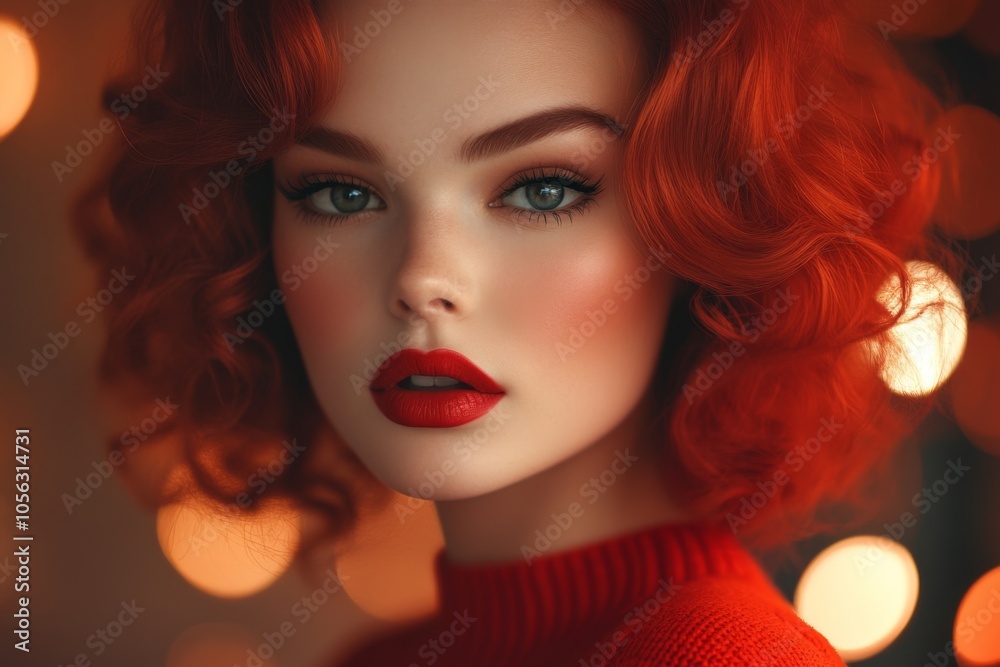 Fototapeta premium A portrait of a beautiful red-haired woman with striking makeup, wearing a cozy red sweater, set against a blurred background of warm lights, exuding elegance and allure.