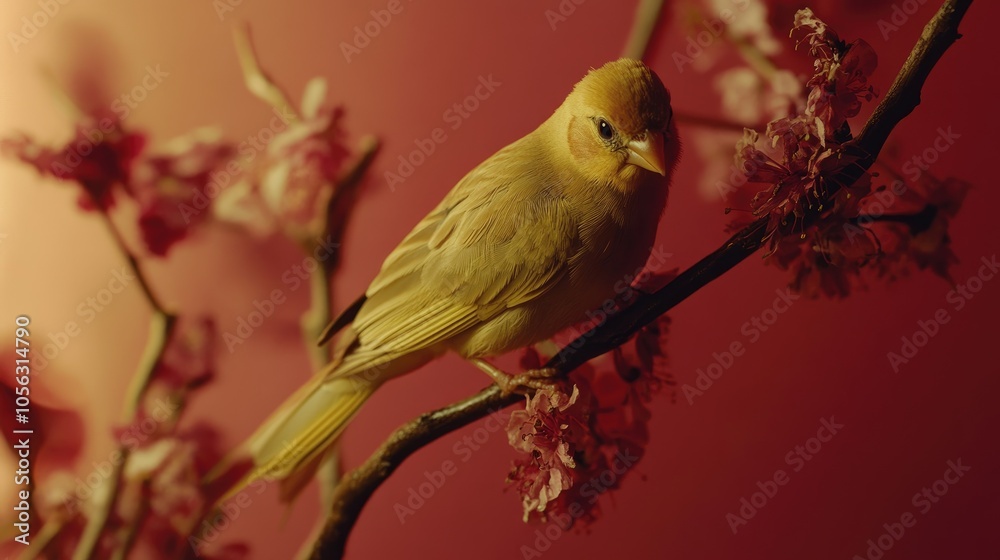 Beautiful Bird Perched on Branch with Flowers Beautiful Bird Perched on Branch with Flowers