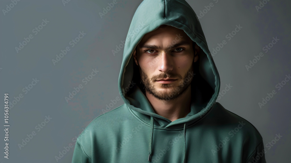Handsome man in a green hoodie against a gray background Handsome man in a green hoodie against a gray background